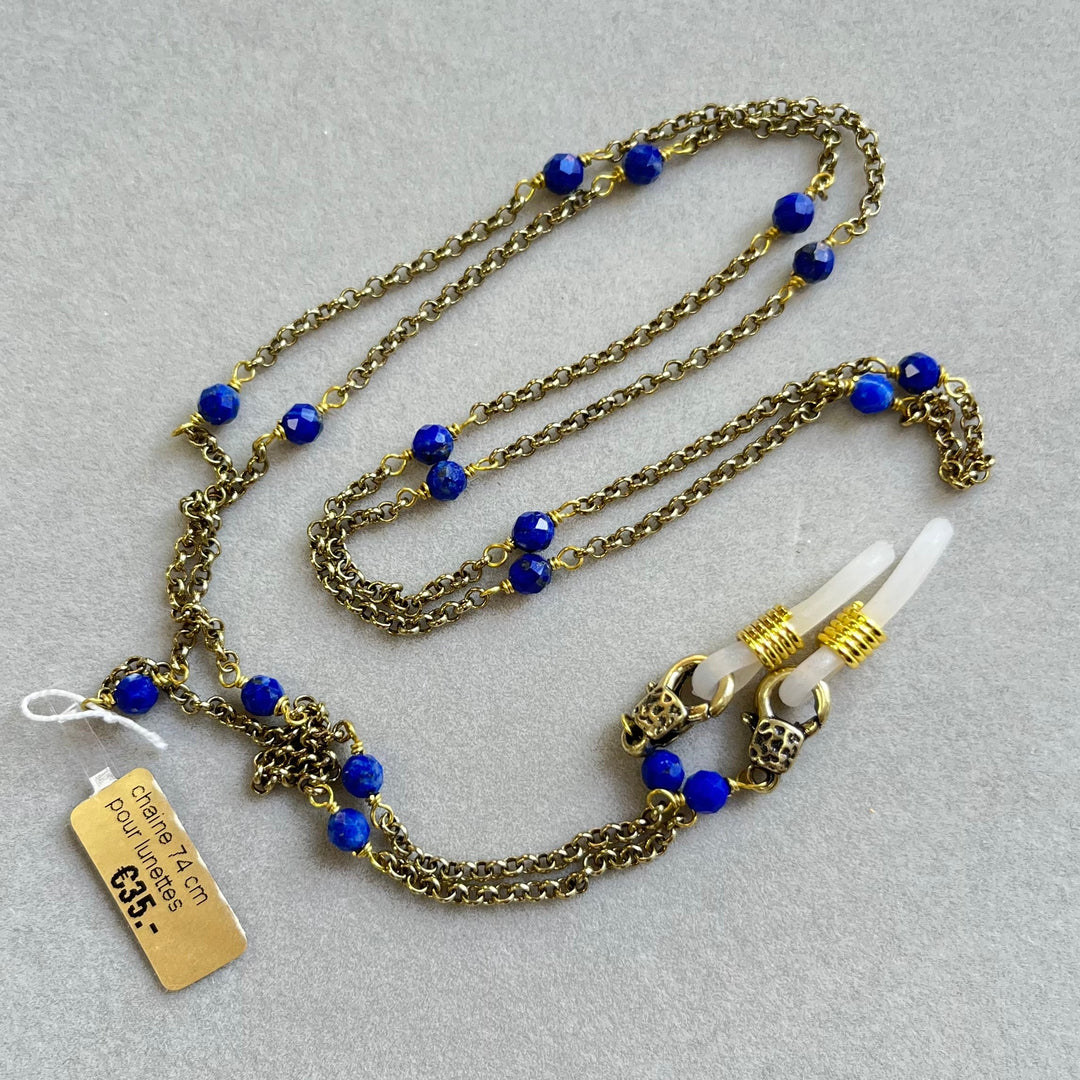 Eyeglass and sunglasses chain, in brass with natural stones, 74 cm, lapis lazuli