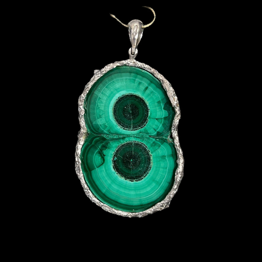 Silver pendant with malachite, a magnificent slice of stalactite