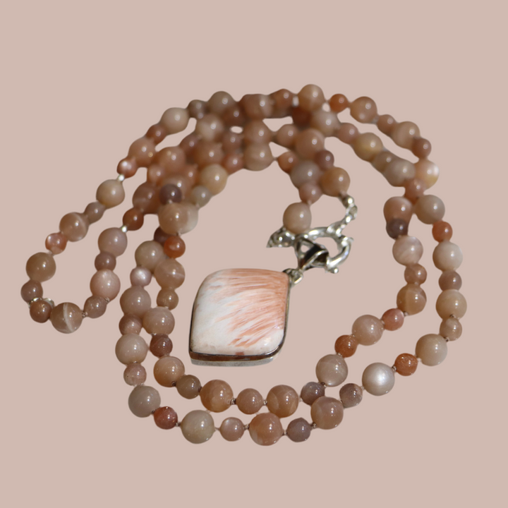 MALA moonstone necklace and stilbite and scolecite pendant
