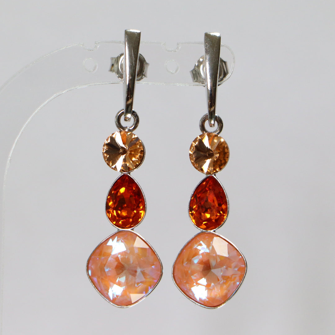 Boucles d'oreilles, cristaux Swarovski, argent rhodié, orange, ART-DECO