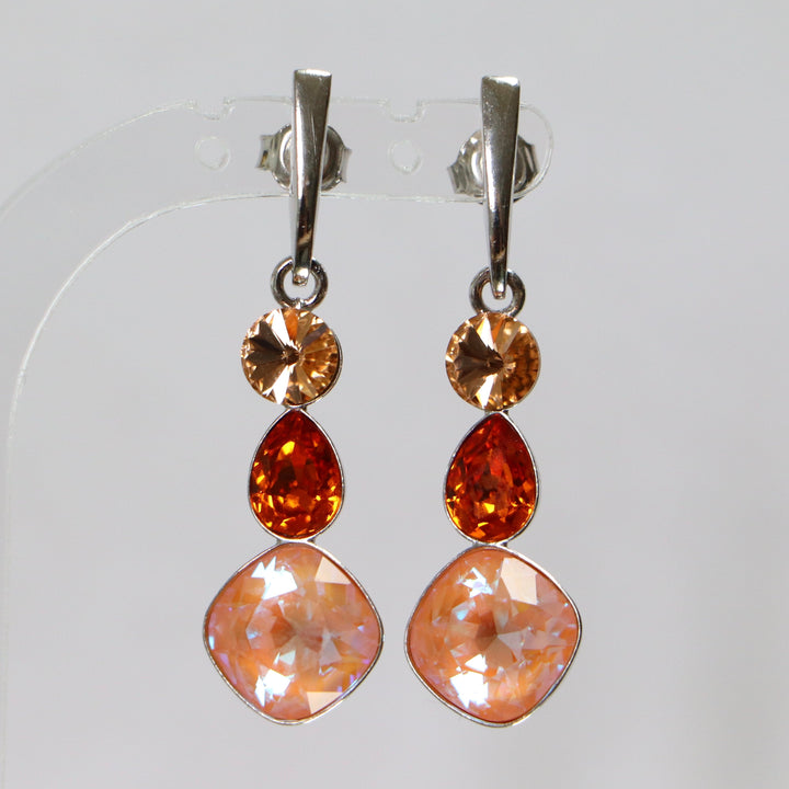 Boucles d'oreilles, cristaux Swarovski, argent rhodié, orange, ART-DECO