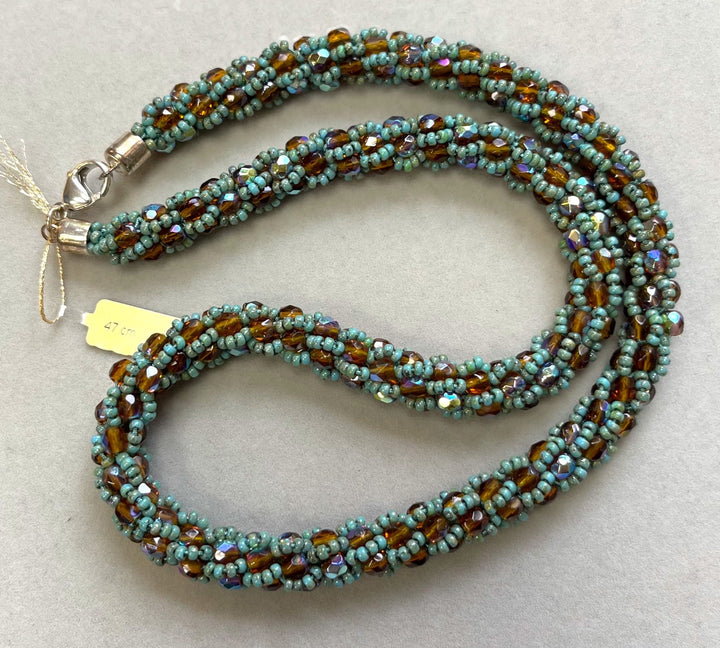 Crochet necklace made of Miyuki beads, orange/turquoise, 47 cm