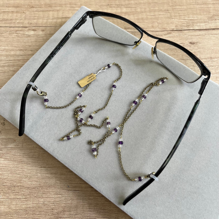 Eyeglass and sunglasses chain, in brass with natural stones, 80 cm, peridot and garnet