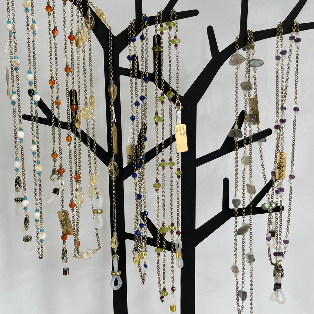 Brillen- und Sonnenbrillenkette aus Messing mit Natursteinen, 74 cm, Amethyst und Topas