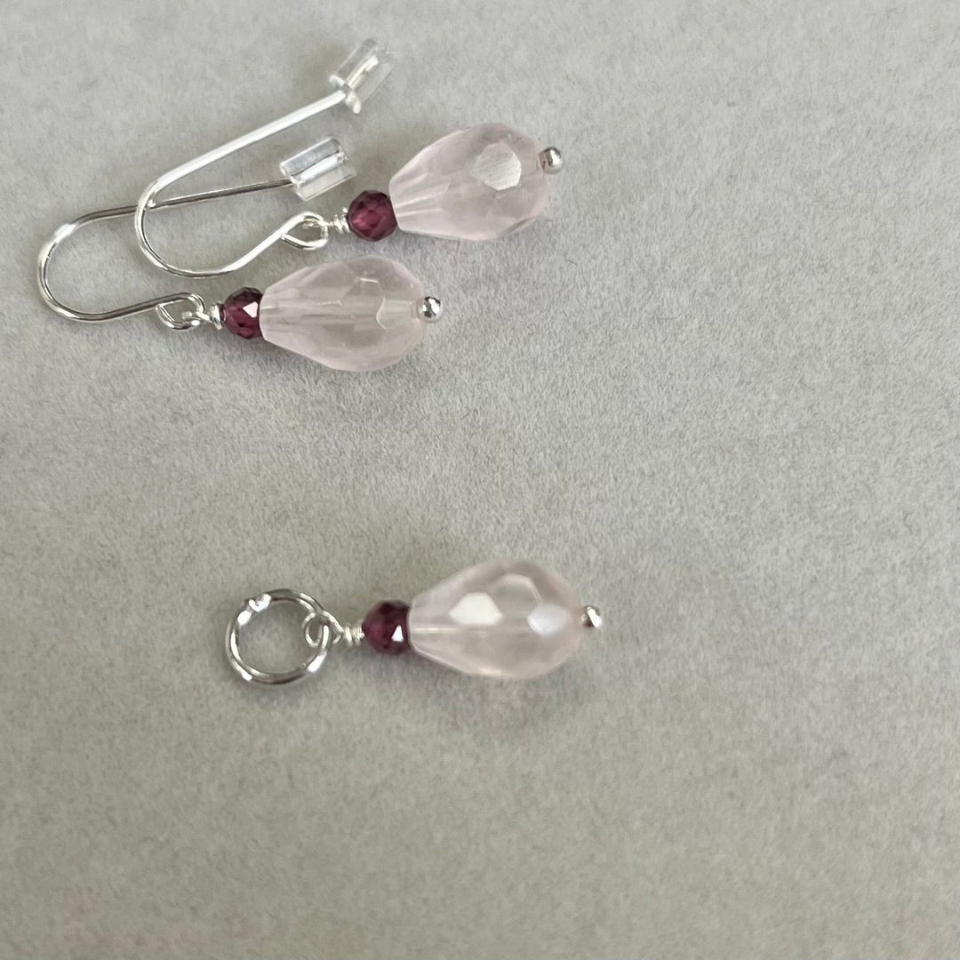 Earrings with rose quartz and garnet, in silver