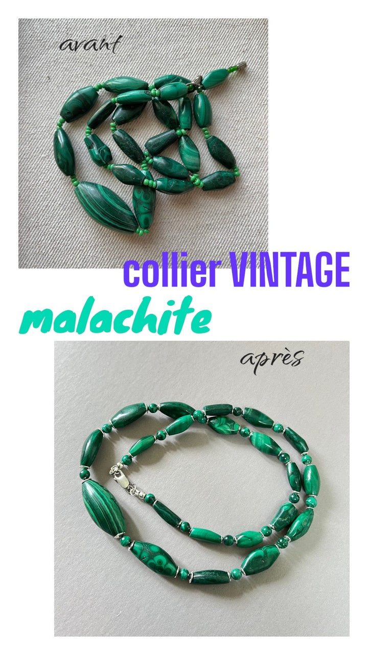 Necklace on a wired cord made of natural stones, malachite, modernized vintage jewelry, silver, 62 cm