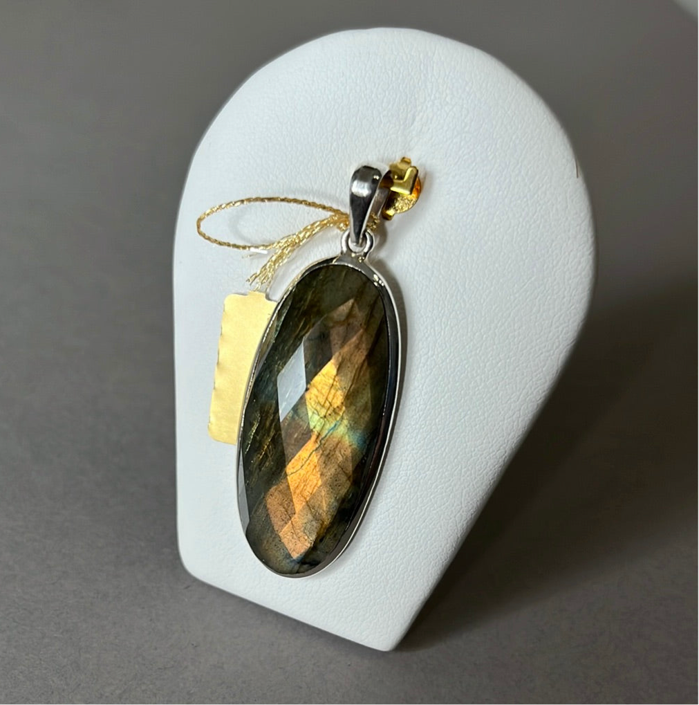 Collier MALA rhyolite, aventurine orange et Pendentif en labradorite dorée