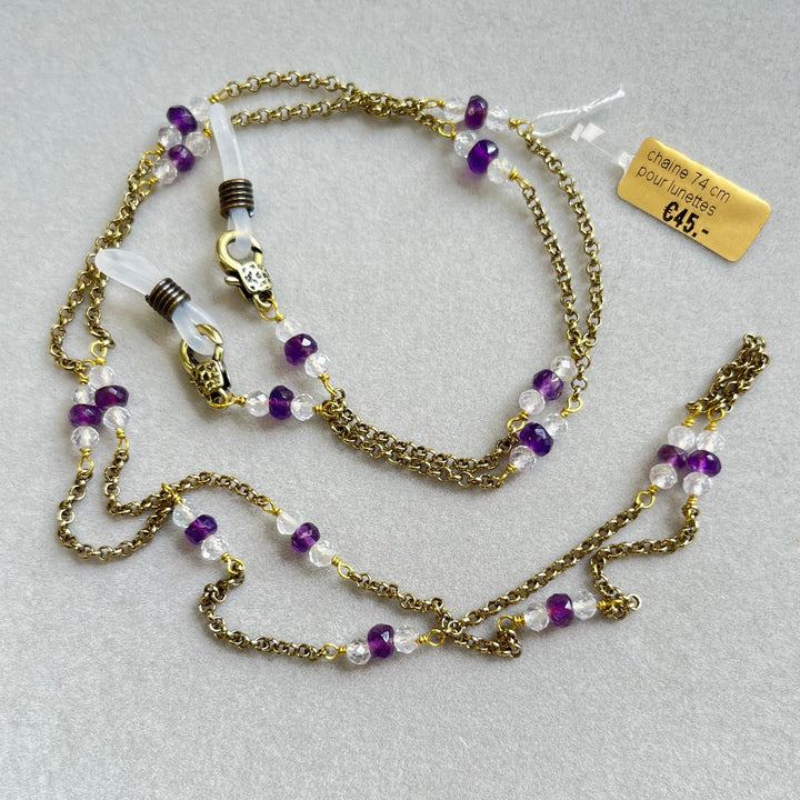 Brillen- und Sonnenbrillenkette aus Messing mit Natursteinen, 74 cm, Amethyst und Topas