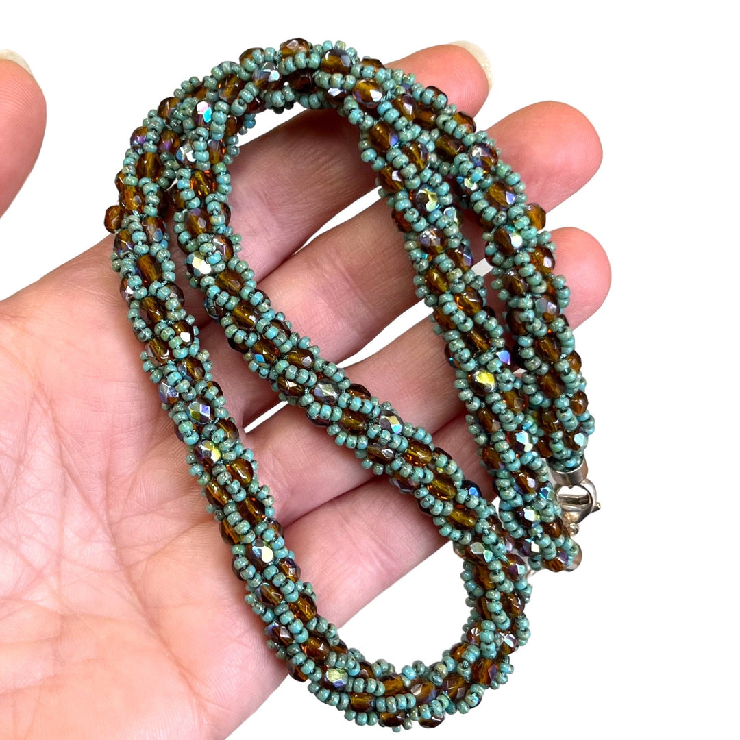 Crochet necklace made of Miyuki beads, orange/turquoise, 47 cm