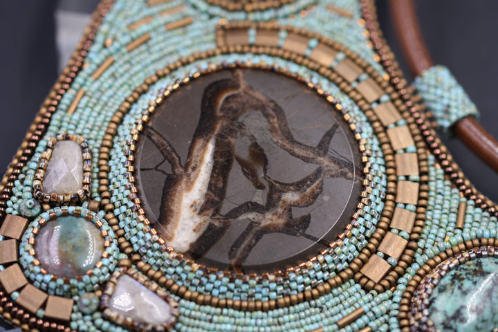 Embroidered bib necklace with SEPTARIA