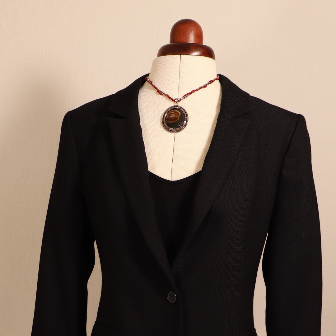 Embroidered necklace with ammolite and silver chain CLB17