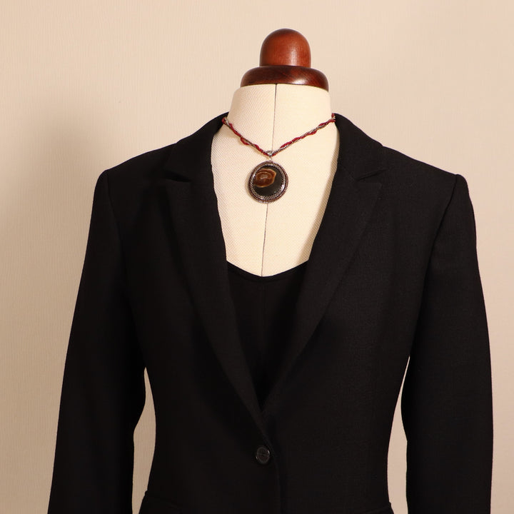 Embroidered necklace with ammolite and silver chain CLB17