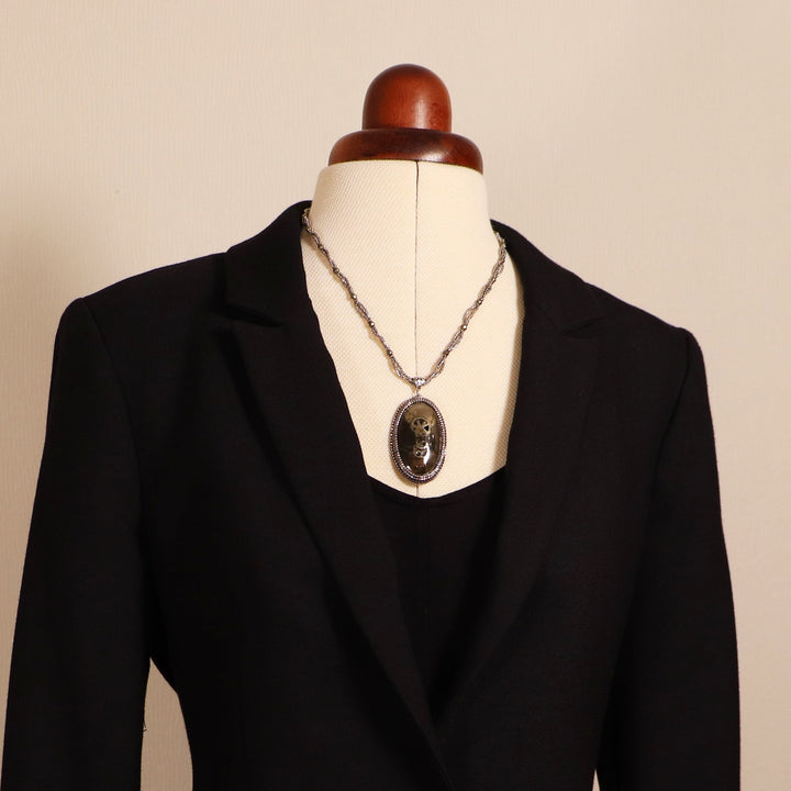 Necklace with pyritized ammonite and yellow calcite