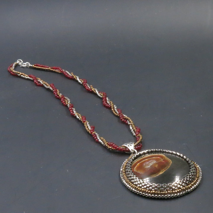 Embroidered necklace with ammolite and silver chain CLB17