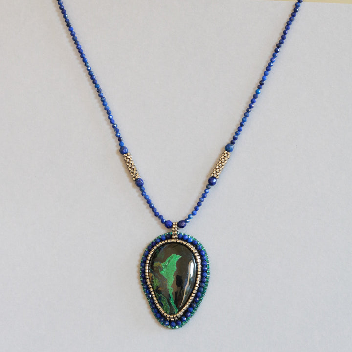 Embroidered necklace with azurite malachite and lapis lazuli
