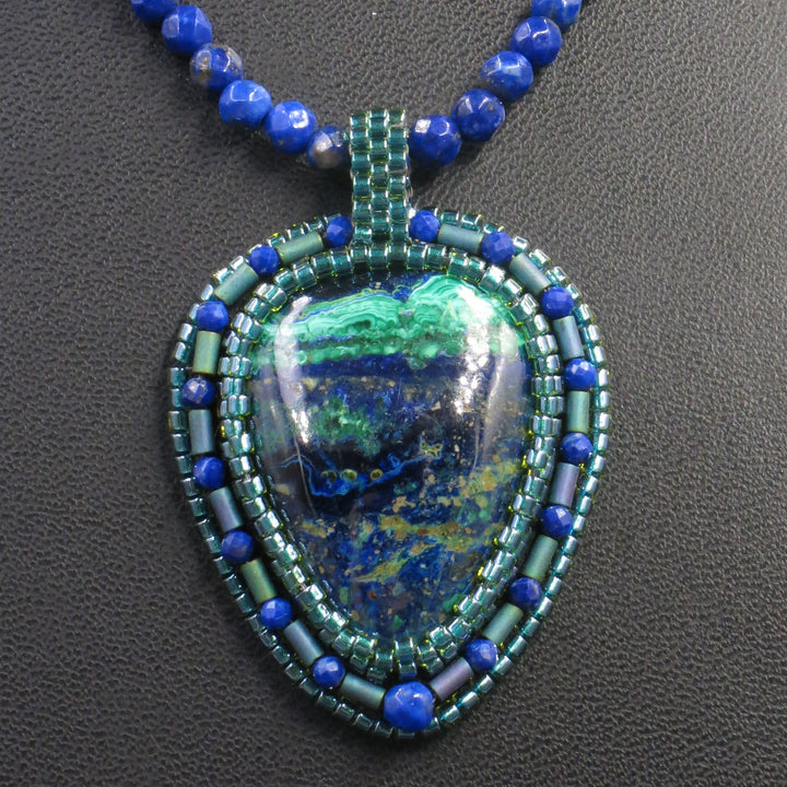 Embroidered necklace with Azurite Malachite and lapis lazuli