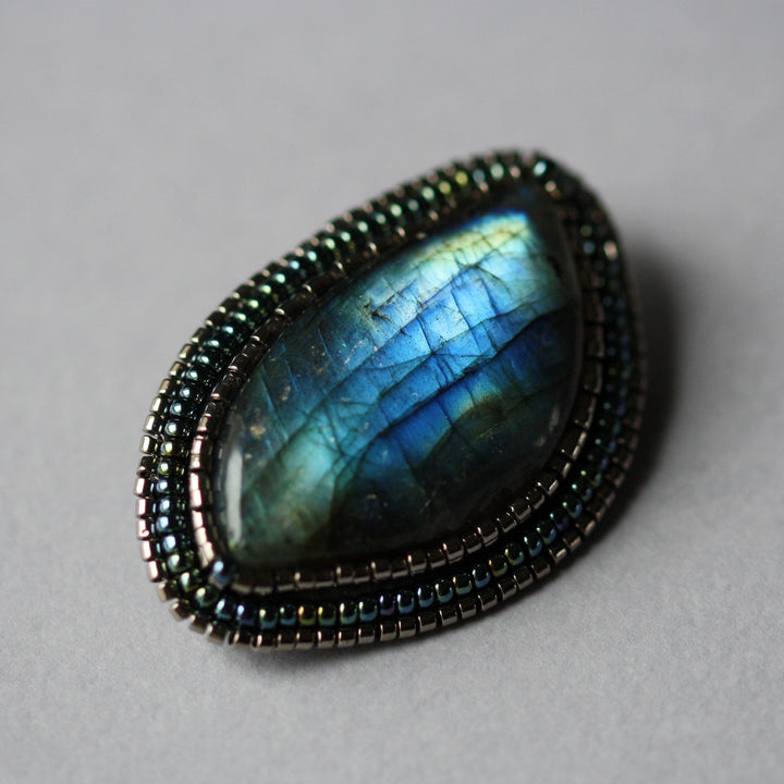 Embroidered brooch, labradorite
