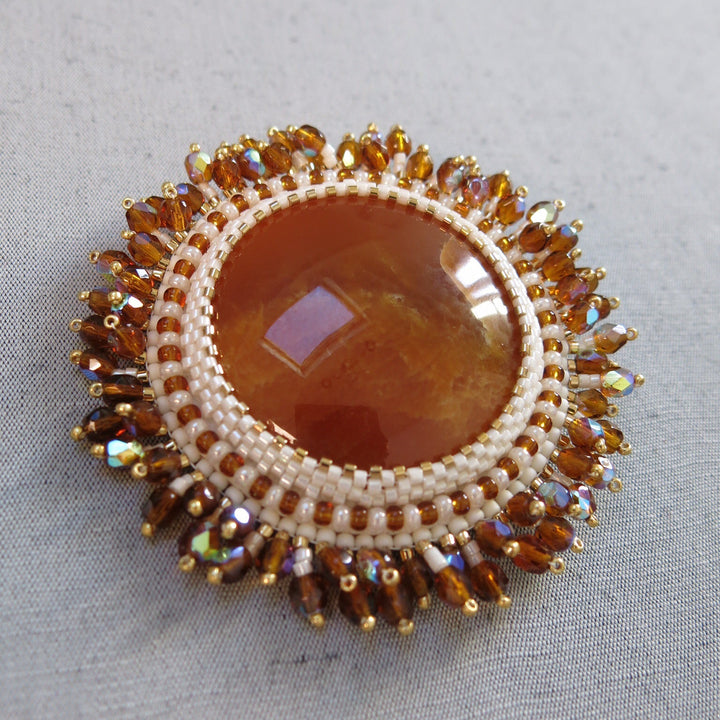 Embroidered brooch, simbircite, caramel, "sun"