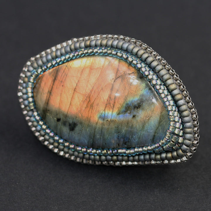 Embroidered brooch, labradorite