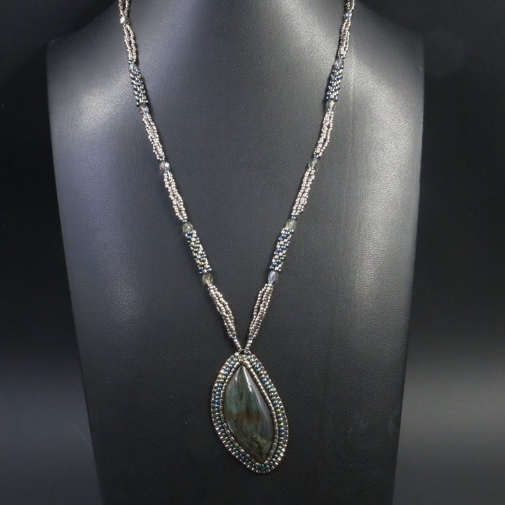 Embroidered necklace with labradorite