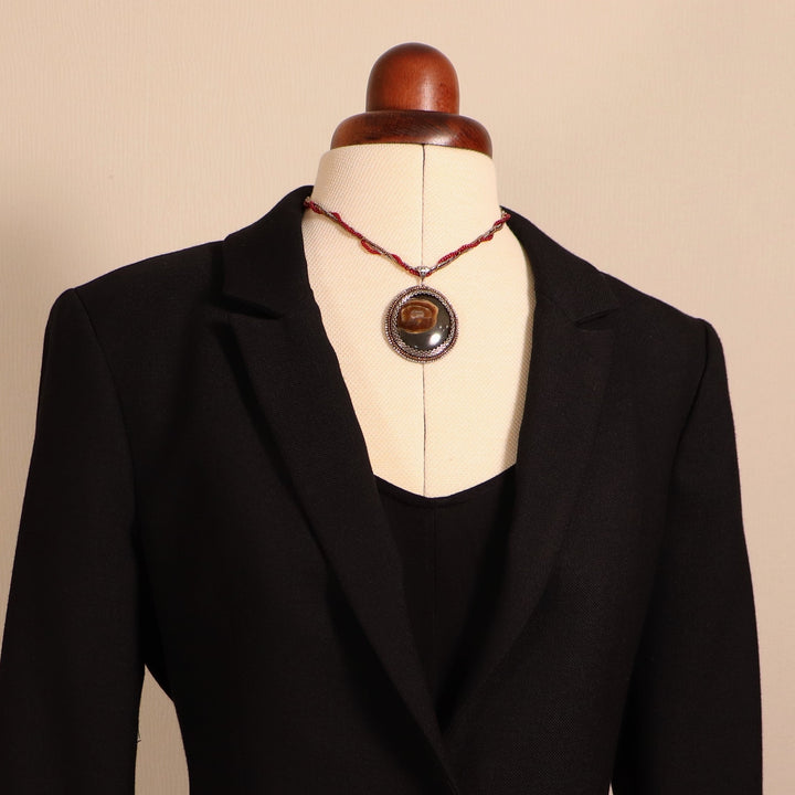 Embroidered necklace with ammolite and silver chain CLB17