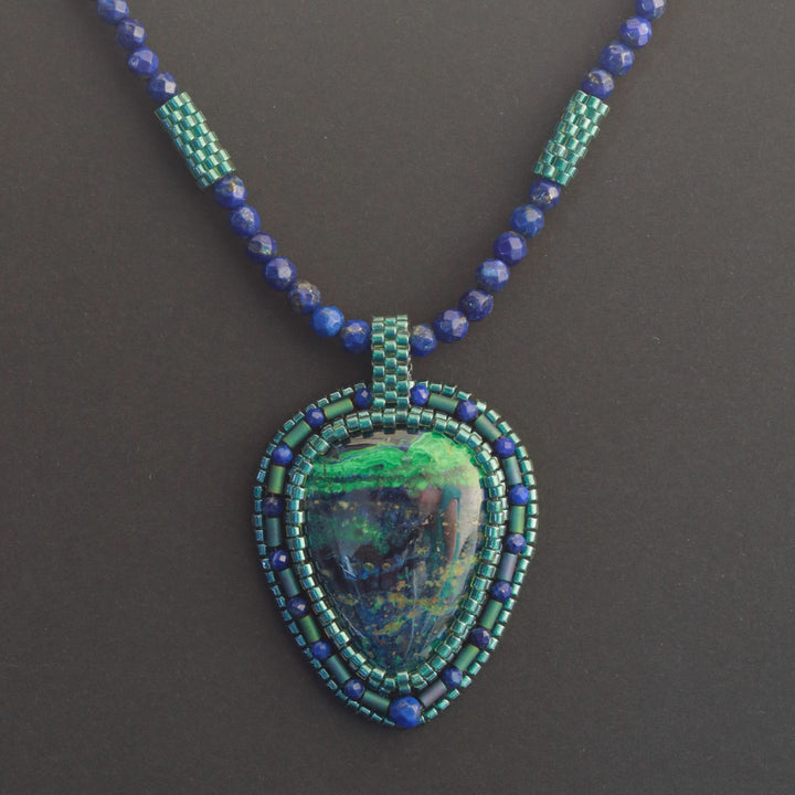 Embroidered necklace with Azurite Malachite and lapis lazuli