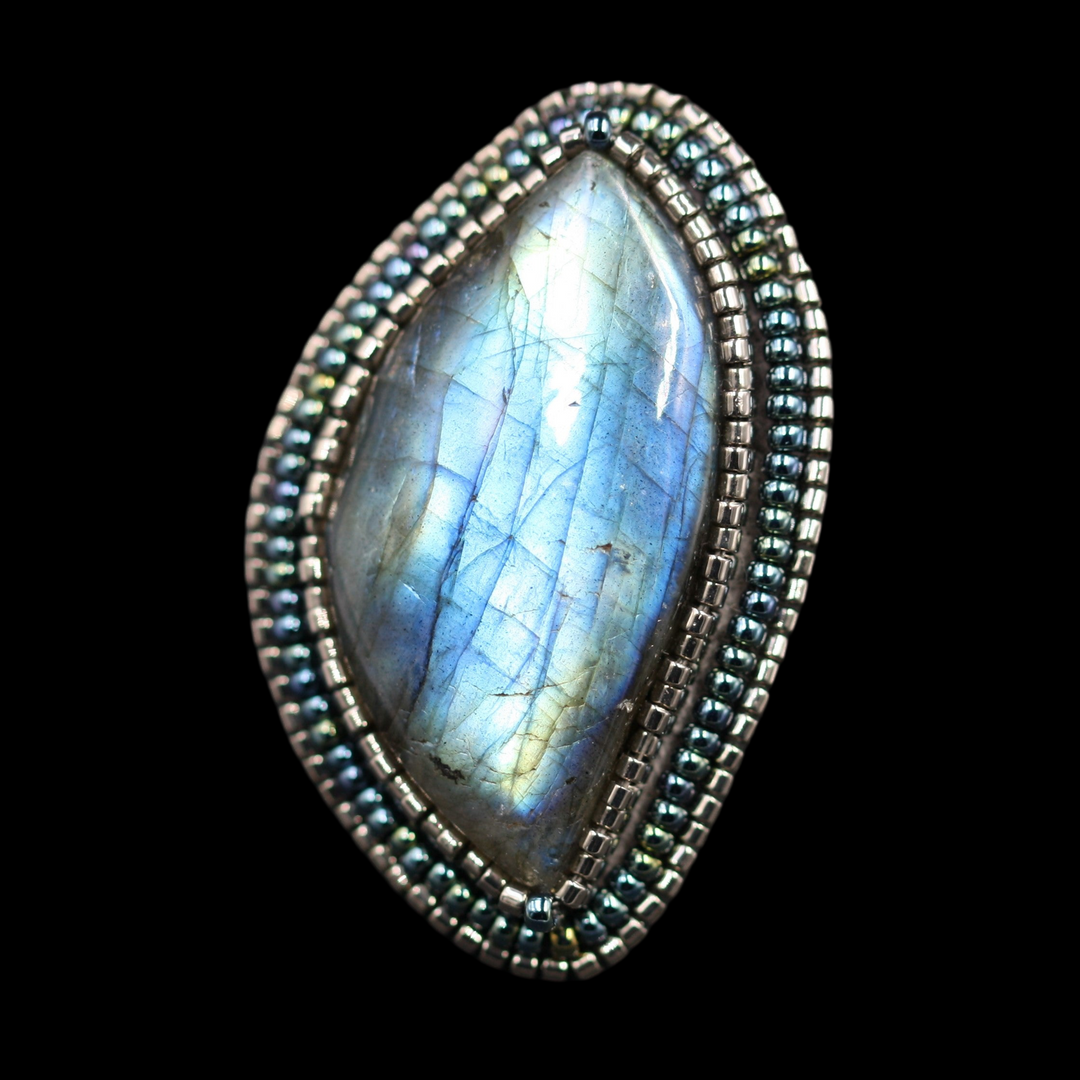 Embroidered brooch, labradorite