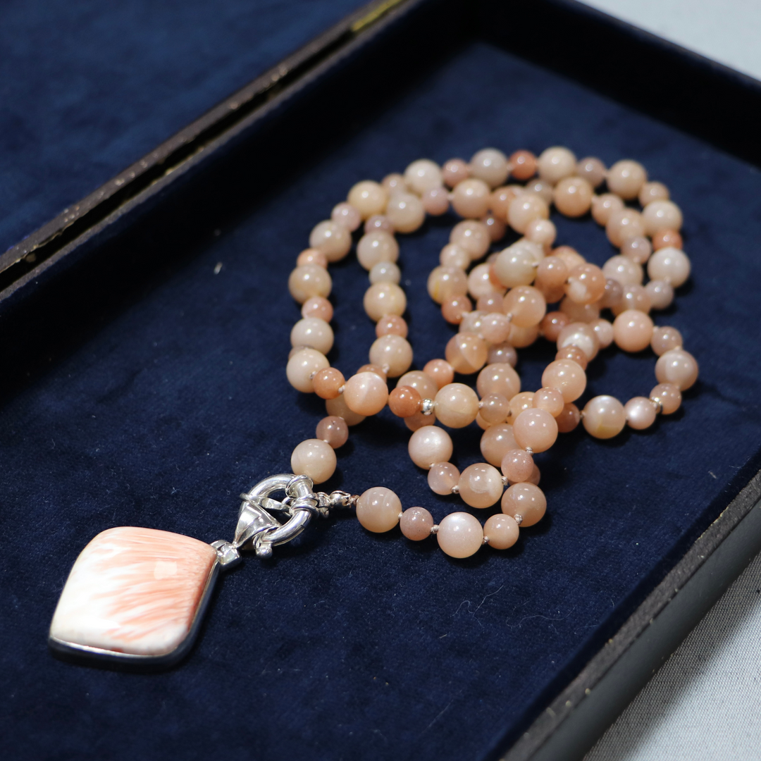 MALA moonstone necklace and stilbite and scolecite pendant
