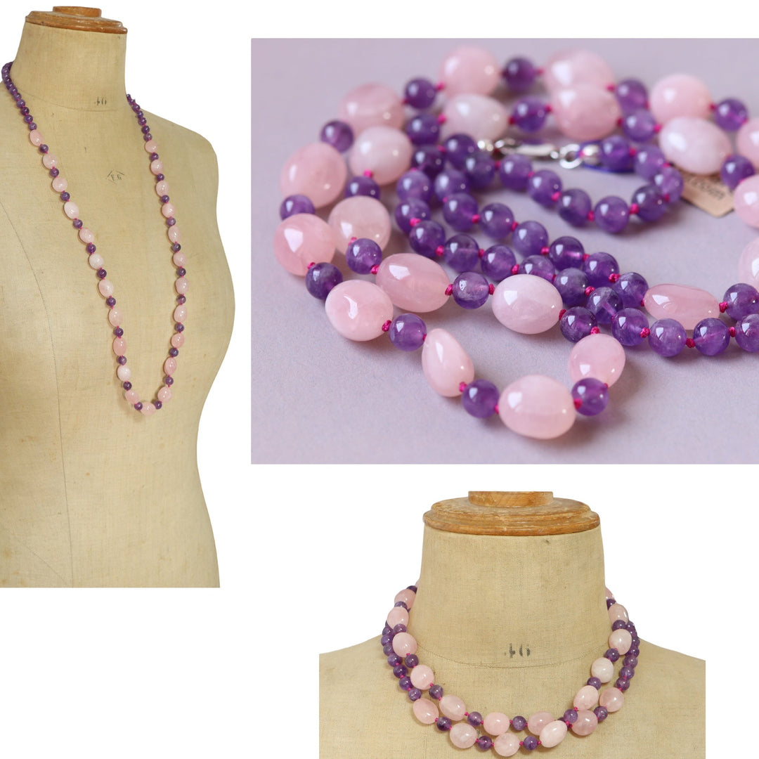 Collier sautoir à noeuds en pierres naturelles  (améthyste, quartz rose) 92 cm