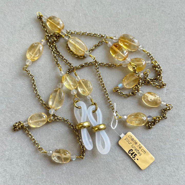 Eyeglass and sunglasses chain, in brass with natural stones, 74 cm, citrine and labradorite