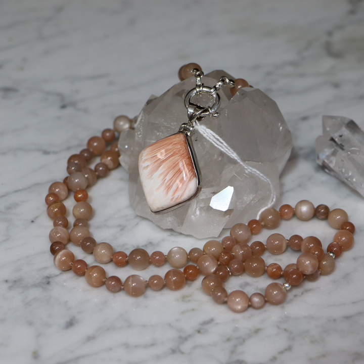 MALA moonstone necklace and stilbite and scolecite pendant