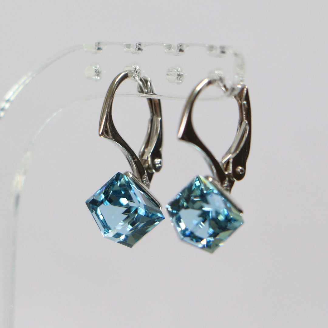 Boucles d'oreilles, cristaux Swarovski, argent rhodié, bleu aquamarine, CUBIC