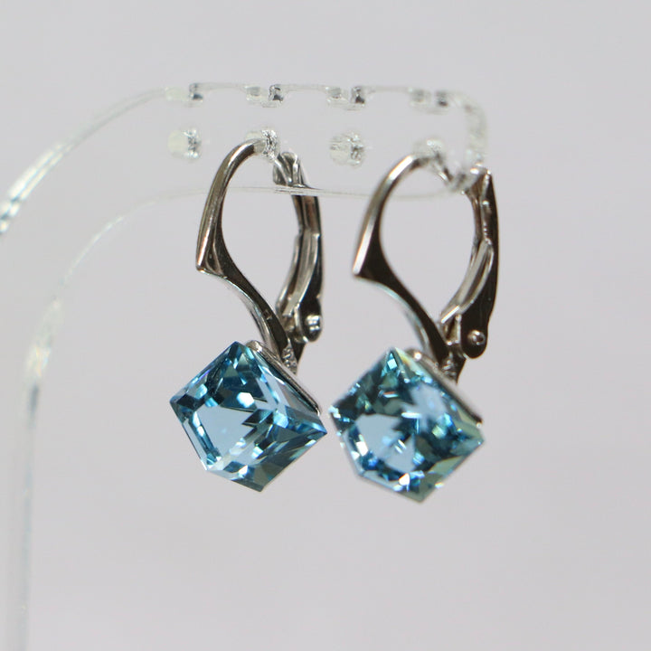 Boucles d'oreilles, cristaux Swarovski, argent rhodié, bleu aquamarine, CUBIC