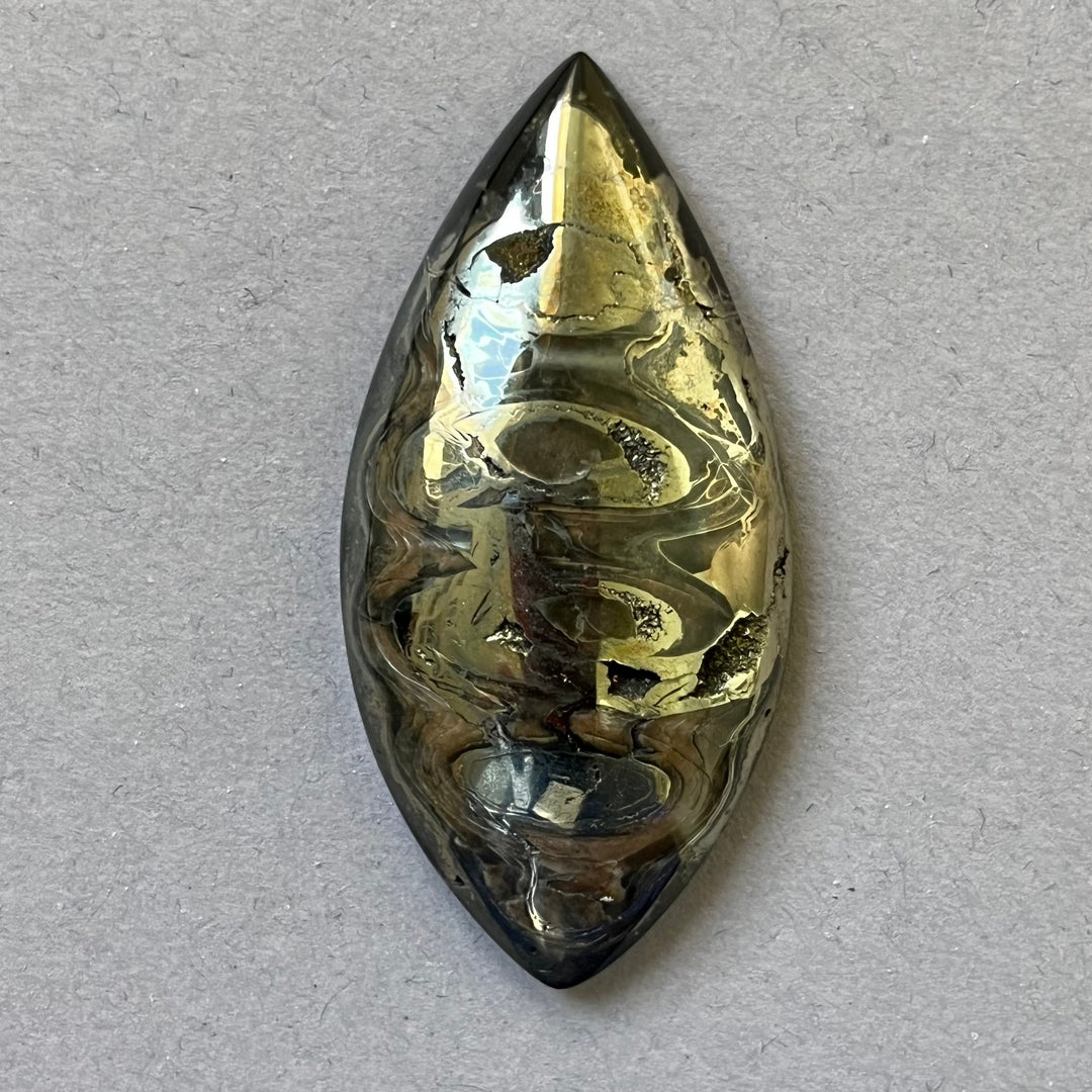 Pyritisierter Ammonit, AM_P150, Cabochon-Schliff, 49 x 24 x 8 mm