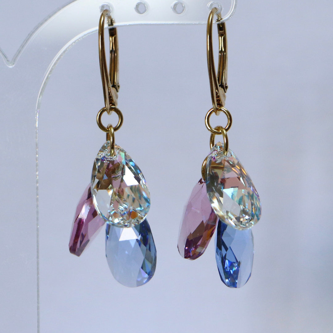 Boucles d'oreilles avec cristaux Swarovski, argent doré, bleu clair/violet, FLEUR