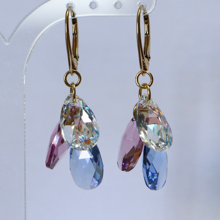 Boucles d'oreilles avec cristaux Swarovski, argent doré, bleu clair/violet, FLEUR
