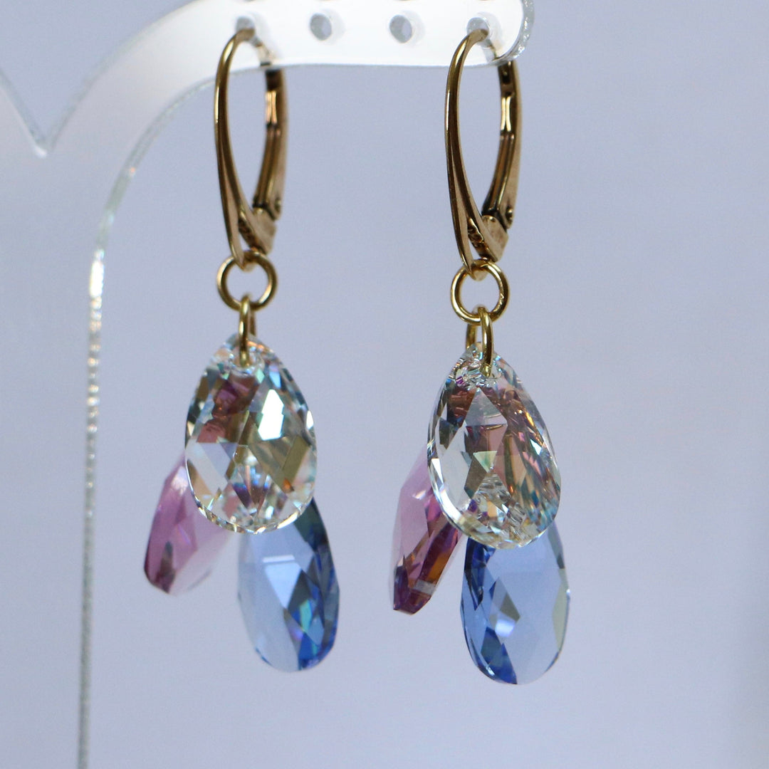 Boucles d'oreilles avec cristaux Swarovski, argent doré, bleu clair/violet, FLEUR