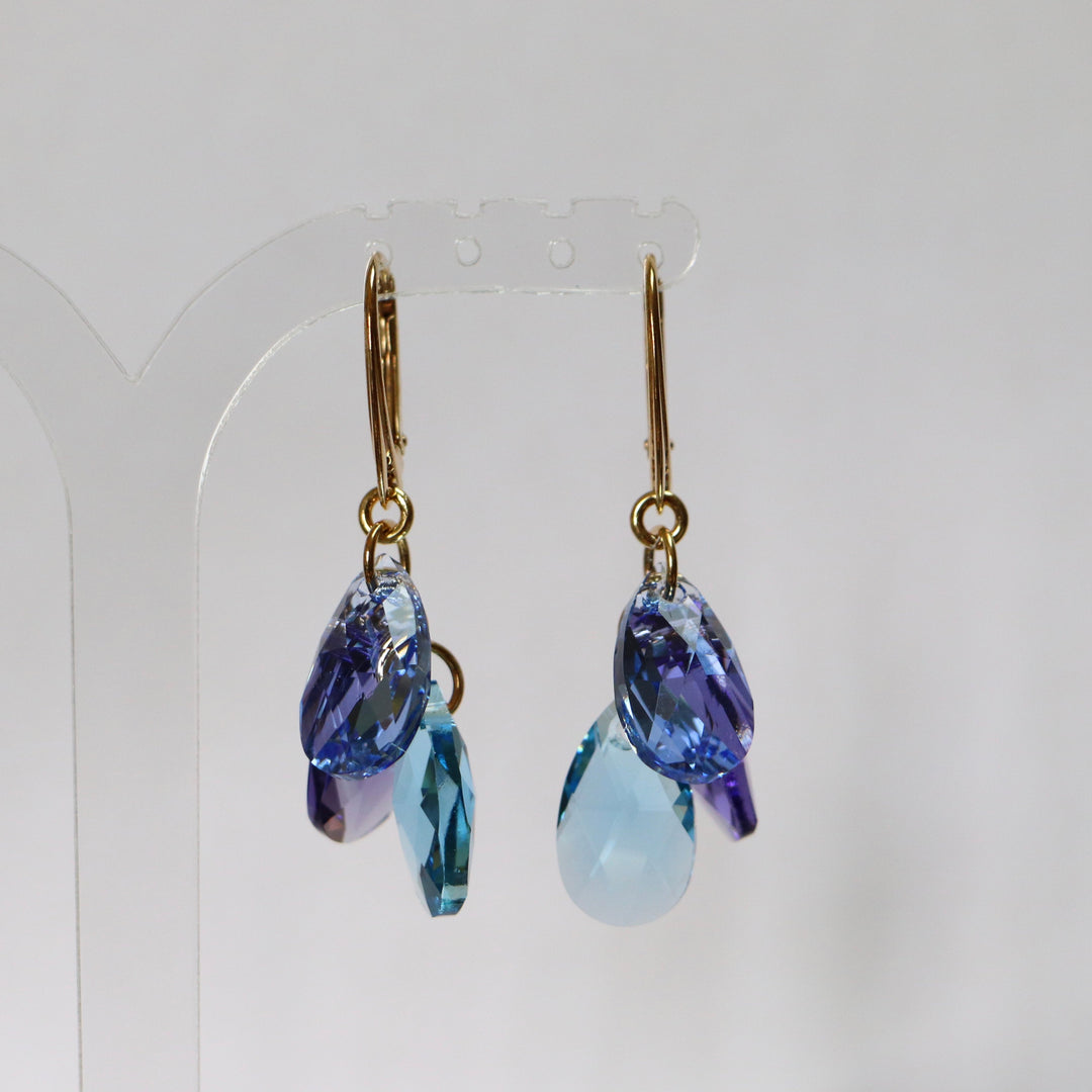 Boucles d'oreilles avec cristaux Swarovski, argent doré, bleu aquamarine, FLEUR