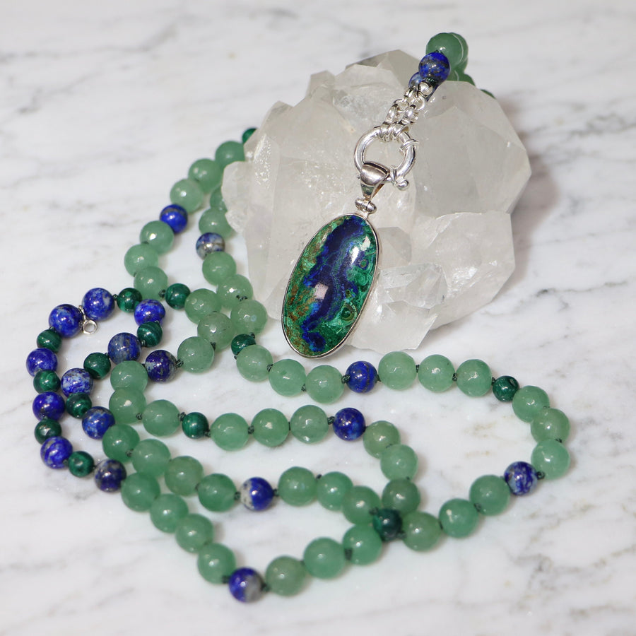 Collier MALA (aventurine verte, lapis lazuli, malachite) et Pendentif en azurite malachite