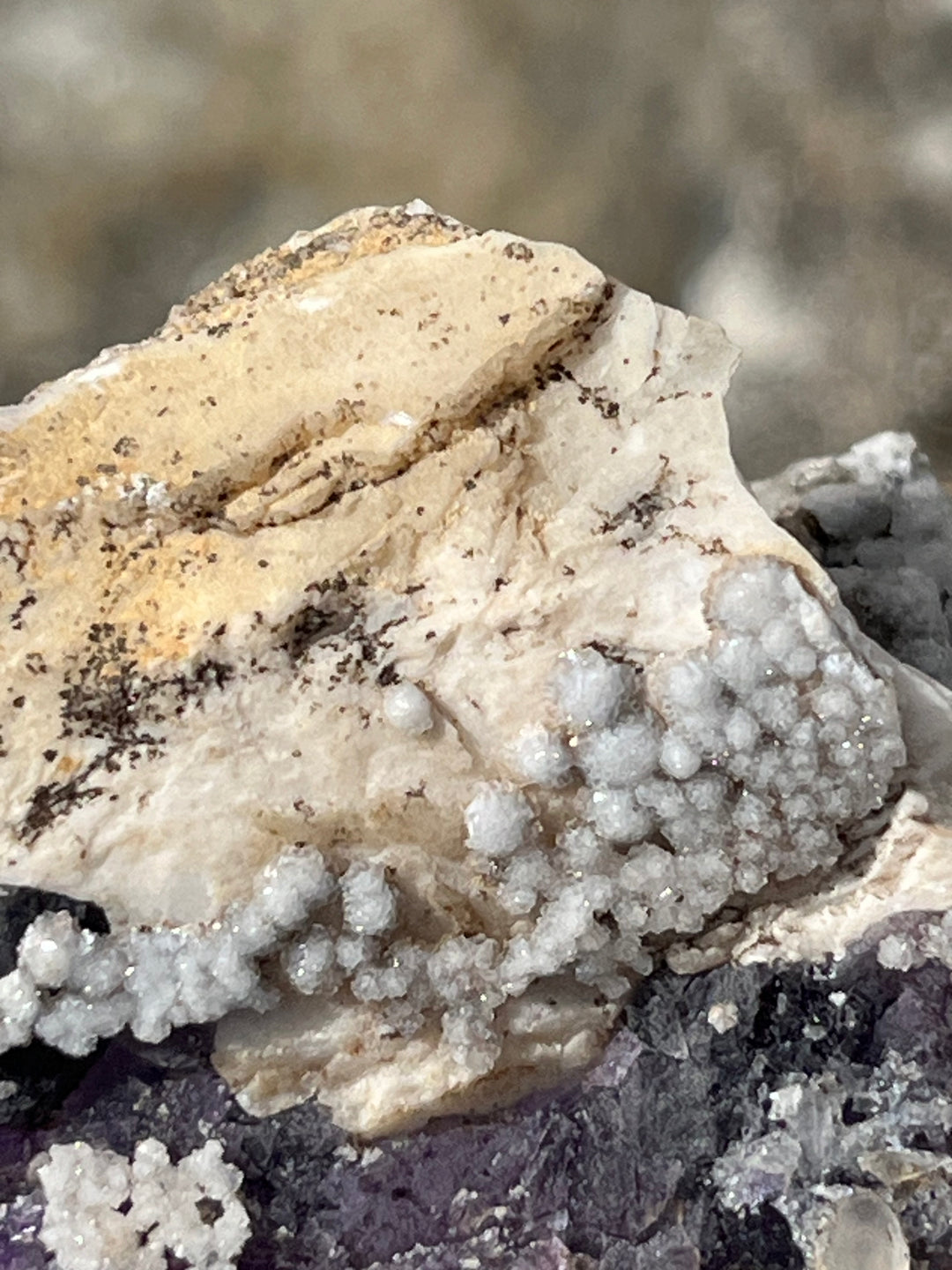 Fluorite violette baryte, quartz herkimer pseudo La Cabana berbes Espagne 21x18 cm