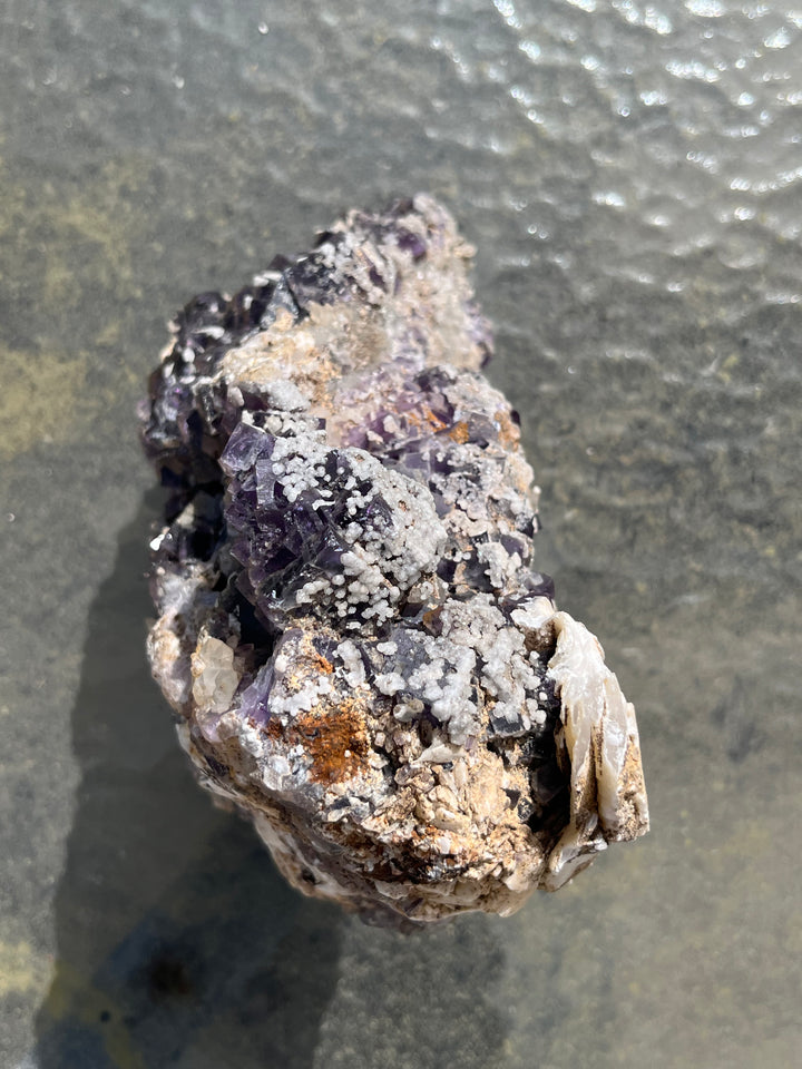 Fluorite violette baryte, quartz herkimer pseudo La Cabana berbes Espagne 21x18 cm