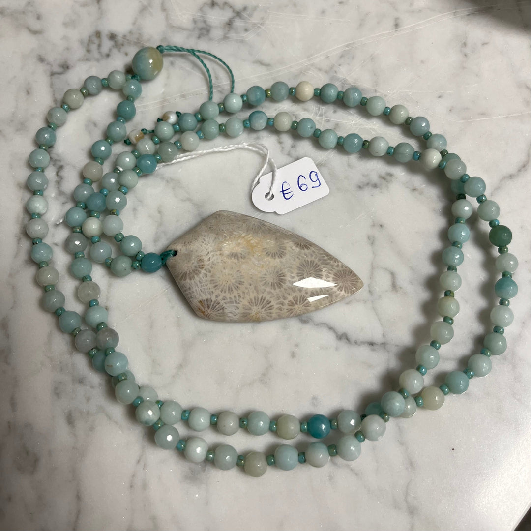 MALA necklace in amazonite with a fossilized coral pendant