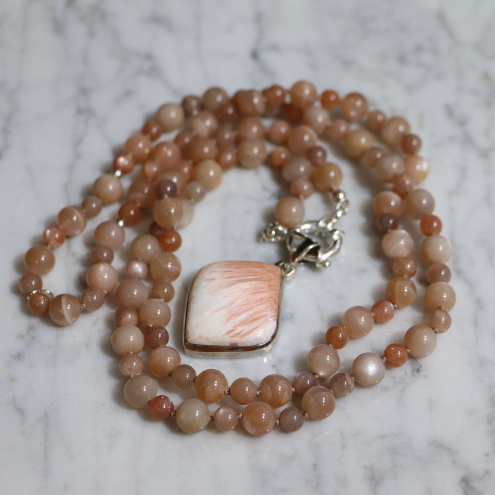 MALA moonstone necklace and stilbite and scolecite pendant