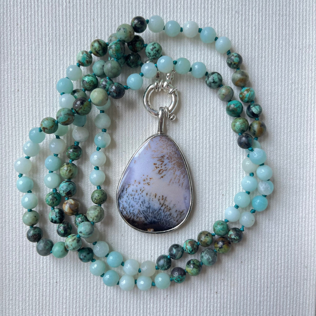 Collier MALA en amazonite et Pendentif en agate dendritique
