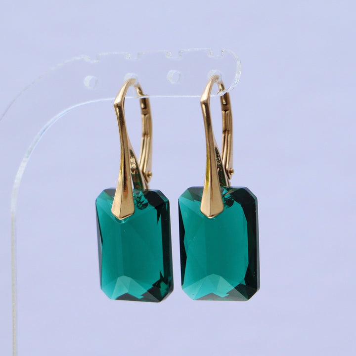 Boucles d'oreilles avec cristaux Swarovski, vert emeraude, argent doré, NOEMIE