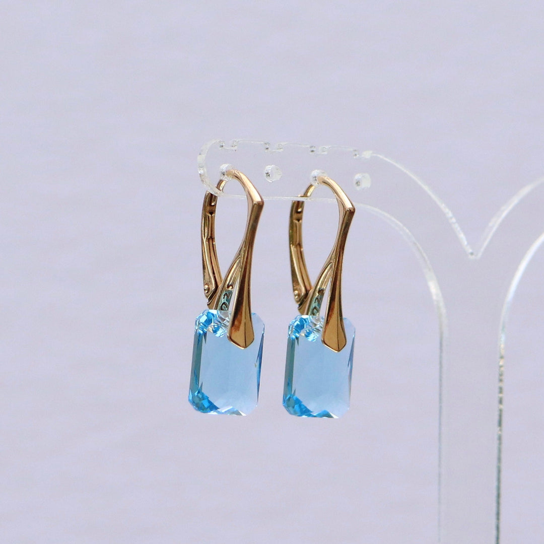Boucles d'oreilles avec cristaux Swarovski, bleu aquamarine, argent doré, NOEMIE