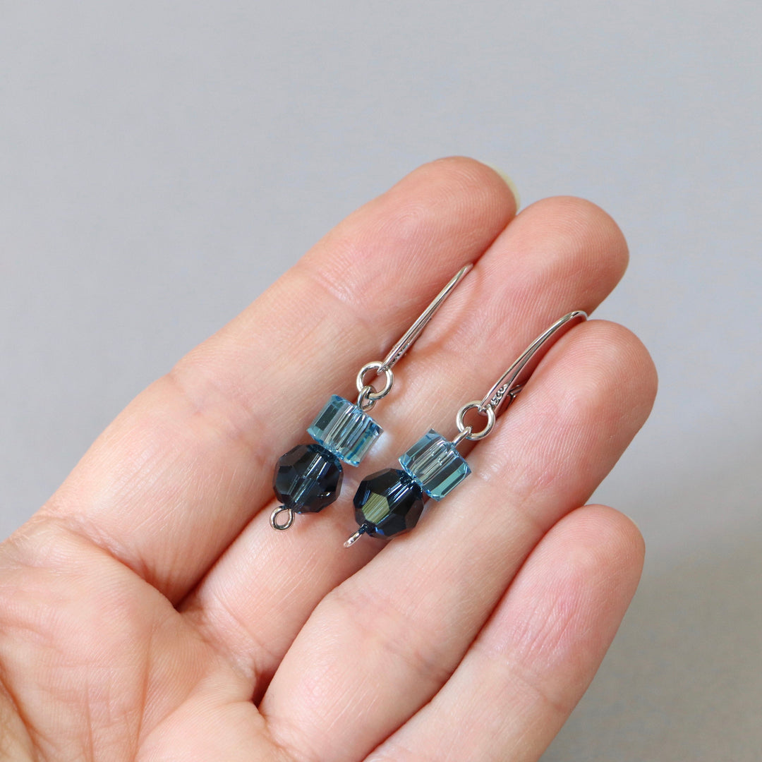 Boucles d'oreilles, cristaux Swarovski, argent rhodié, bleu, POMPON