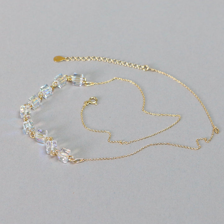 Collier, cristaux Swarovski, argent doré, cristal AB, MULTI-CUBES