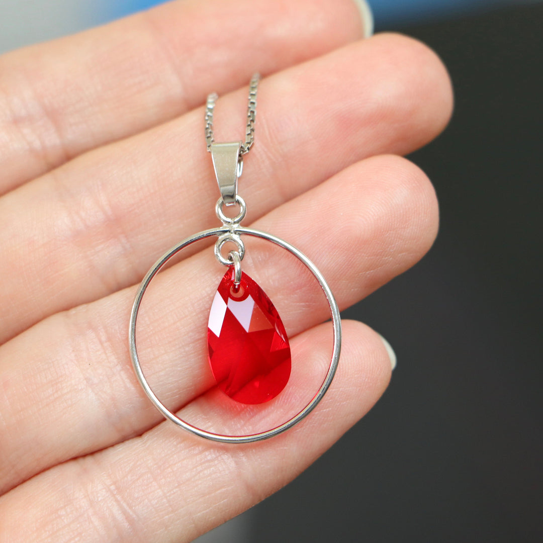 Pendentif, cristaux Swarovski, argent rhodié, rouge vive, LAC