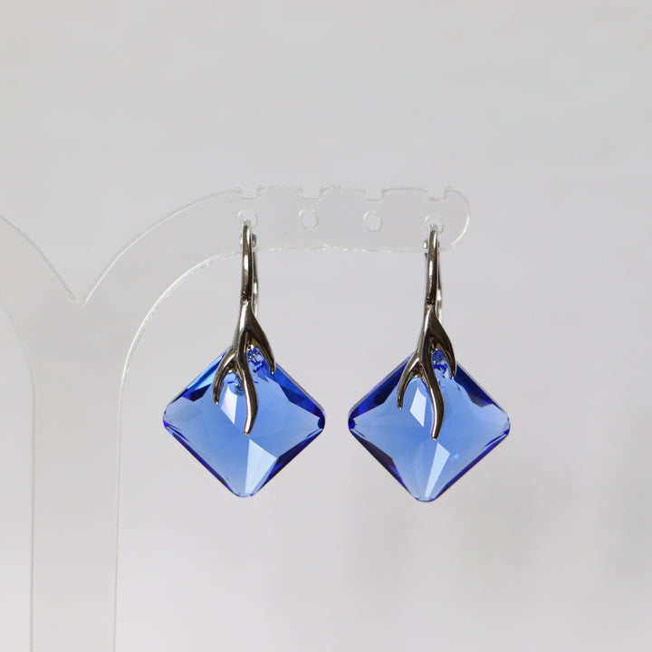 Boucles d'oreilles, cristaux Swarovski, argent rhodié, bleu, AGATHE